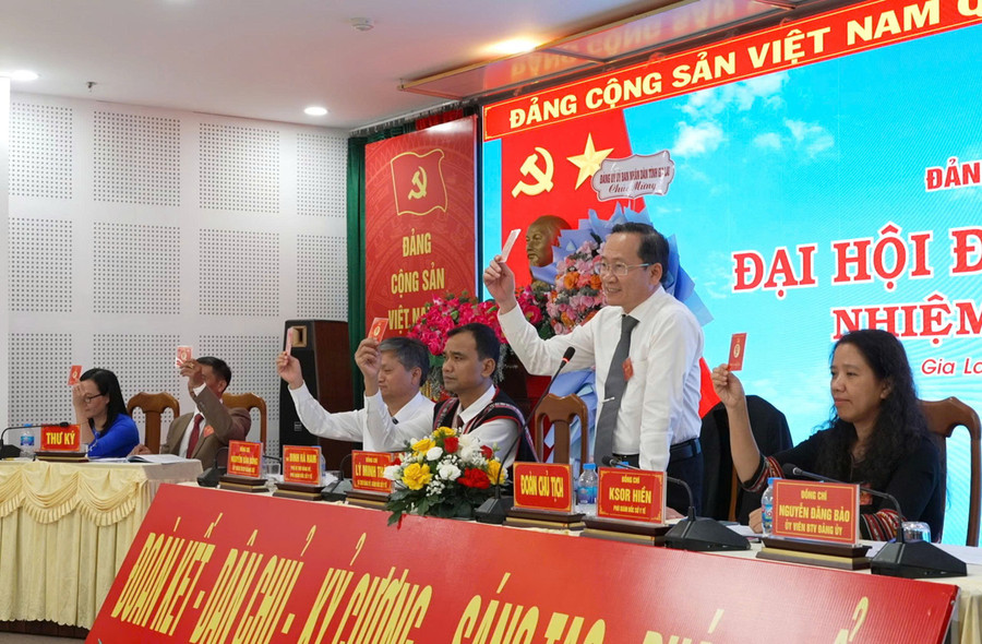 Các đại biểu biểu quyết các chỉ tiêu chủ yếu của Đại hội. Ảnh: Hồng Quý z6722286709413-f9cd1f9aa2299ad72acbd30cfee98c87.jpg