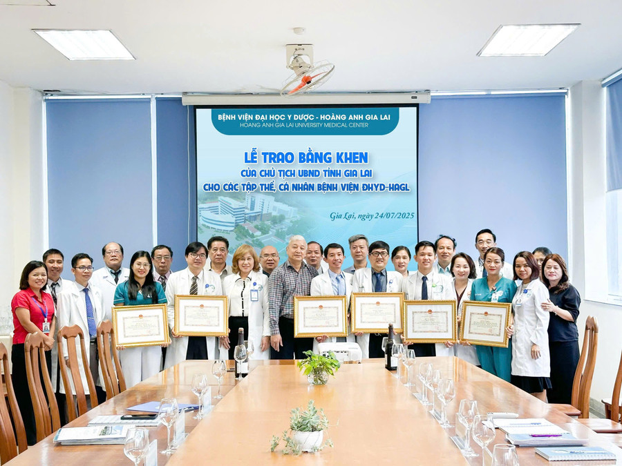 Giám đốc Sở Y tế Gia Lai Lê Quang Hùng (đứng giữa) trao bằng khen của Chủ tịch UBND tỉnh Gia Lai cho các tập thể, cá nhân Bệnh viện Đại học Y Dược-Hoàng Anh Gia Lai. Ảnh: ĐVCC z6835343992788-f67a13fd4590a80ad7f9e2f575237cee.jpg