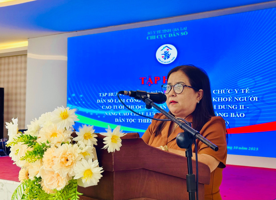 Bà Trần Thị Lệ Kiều-Chi cục trưởng Chi cục Dân số tỉnh phát biểu khai mạc lớp tập huấn. Ảnh: Như Nguyện z7166572754231-beeac191fa03065c154424df86dde37e.jpg