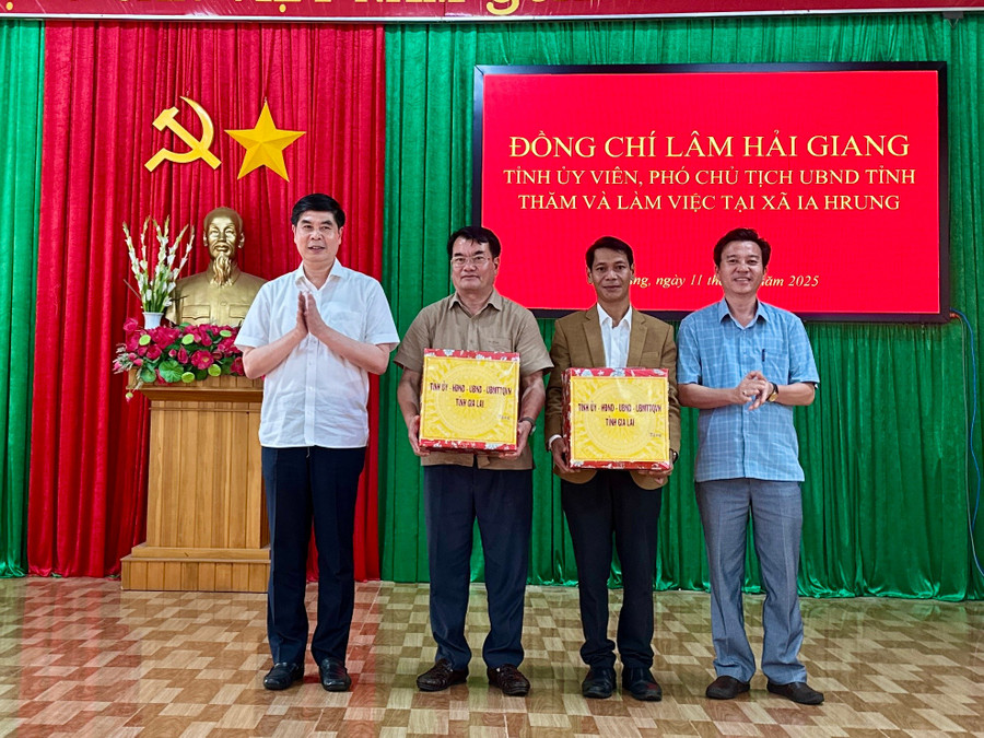 Đồng chí Lâm Hải Giang đã tặng phần quà của Tỉnh ủy, HĐND, UBND, Ủy ban MTTQ Việt Nam tỉnh cho UBND và các đơn vị của xã Ia Hrung. Ảnh: Hà Duy img-0392.jpg
