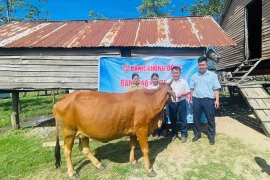 Thầy Vũ Văn Tùng, người phụ trách Tủ bánh mì 0 đồng (thứ 2 từ phải sang) trao bò sinh sản cho em Đinh H’Khen (thứ 2 từ trái sang). Ảnh: NVCC