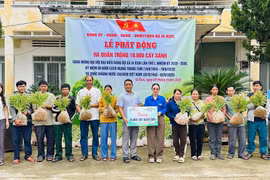 Phó Chủ tịch UBND xã Ia Rsai Lưu Thị Thương (bìa trái) trao tặng 10.000 cây bạch đàn cho các hội, đoàn thể và các hộ gia đình đăng ký trồng rừng trên địa bàn xã. Ảnh: Q.N