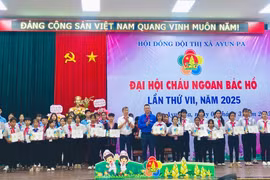 84 gương đội viên, thiếu niên, nhi đồng có thành tích xuất sắc trong học tập, rèn luyện và cuộc vận động “Thiếu nhi Ayun Pa thi đua làm theo 5 điều Bác Hồ dạy” được tuyên dương tại Đại hội Cháu ngoan Bác Hồ. Ảnh: Nguyễn Sang