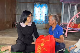 Phó Chủ tịch UBND tỉnh Nguyễn Thị Thanh Lịch đến thăm, tặng quà gia đình ông Đinh Chêh (bệnh binh, Plei Trớ, xã Chư A Thai). Ảnh: Vũ Chi