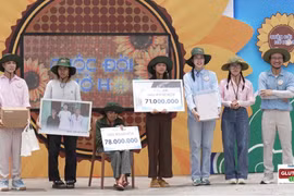 Gia đình em Trúc (thứ 2 từ trái sang) và H'Đơn (thứ 4 từ phải sang) nhận quà tại chương trình "Cuộc đời nở hoa". Ảnh: NVCC