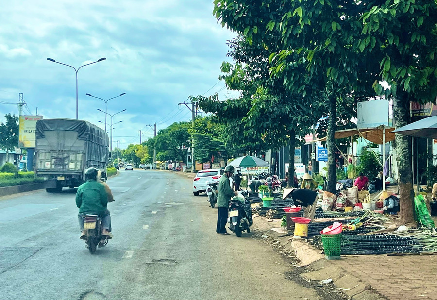 Nhiều người dân buôn bán tự phát tràn ra vỉa hè quốc lộ 14 tại khu vực chợ tạm làng Nhao 1 (phường Hội Phú) gây mất an toàn giao thông. Ảnh: Minh Phương nhieu-ho-dan-kinh-doanh-tu-phat-tran-ra-via-he-quoc-lo-14-mua-ban-tai-khu-vuc-cho-tam-lang-nhao-1-phuong-hoi-phu-gay-mat-an-toan-giao-thong-anh-minh-phuong.jpg