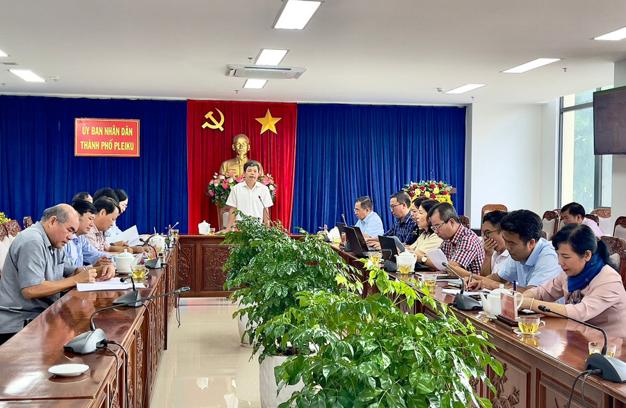 Phó Chủ tịch UBND tỉnh Nguyễn Hữu Quế làm việc với lãnh đạo các sở, ngành của tỉnh và UBND TP. Pleiku về tiến độ thi công dự án đường Nguyễn Văn Linh. Ảnh: Minh Phương pho-chu-tich-ubnd-tinh.jpg