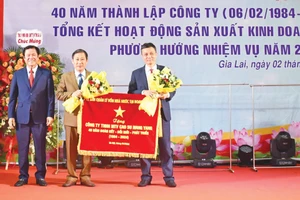 Ông Lê Thanh Hưng (bìa trái)-Tổng Giám đốc Tập đoàn Công nghiệp Cao su Việt Nam trao bức trướng của Ủy ban Quản lý vốn nhà nước tại doanh nghiệp cho Công ty nhân kỷ niệm 40 năm Ngày thành lập. Ảnh: Xuân Bắc