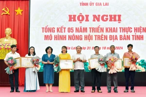 Các cá nhân có thành tích xuất sắc trong 5 năm triển khai thực hiện mô hình Nông hội trên địa bàn tỉnh được Chủ tịch UBND tỉnh tặng Bằng khen. Ảnh Đức Thụy