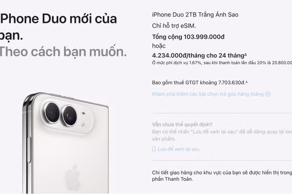 iPhone Duo 2 TB giá gần 104 triệu đồng tại Việt Nam. Ảnh chụp màn hình