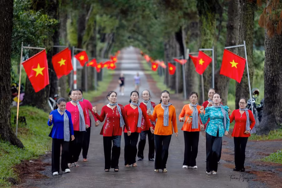 Hàng thông trăm tuổi tại xã Nghĩa Hưng (huyện Chư Păh) được thắp sáng bởi màu cờ Tổ quốc là 1 trong những địa điểm thu hút đông đảo người dân và du khách trong kỳ nghỉ lễ Quốc khánh. Ảnh: Tuấn Nguyễn
