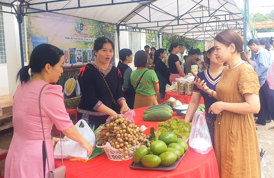 Các đại biểu tham quan 20 gian hàng trong phiên chợ nông sản tại sân trụ sở Ủy ban MTTQ Việt Nam huyện Chư Sê. Ảnh: Trúc Phùng Các đại biểu tham quan 20 gian hàng trong phiên chợ nông sản tại sân trụ sở Ủy ban MTTQ Việt Nam huyện Chư Sê. Ảnh: Trúc Phùng