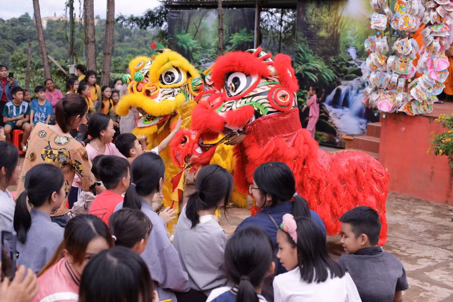 Các em thiếu nhi được mãn nhãn với màn múa lân vui nhộn. Ảnh: P.V