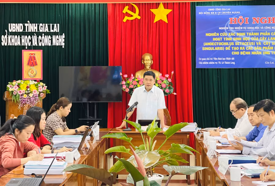 Ông Nguyễn Nam Hải-Giám đốc sở KH-CN tỉnh, Chủ tịch Hội đồng Khoa học và Công nghệ chuyên ngành tỉnh Gia Lai phát biểu tại hội nghị. Ảnh: Mai Ka