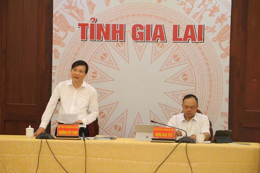 Phó Bí thư Tỉnh ủy, Chủ tịch UBND tỉnh Trương Hải Long phát biểu khai mạc hội nghị. Ảnh: Quang Tấn