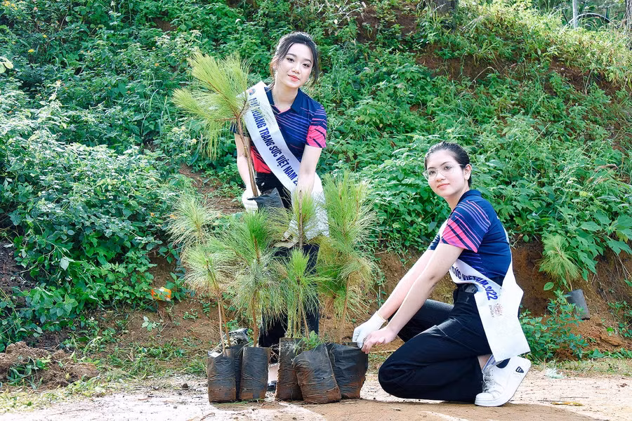 Nguyễn Hoàng Yến (đứng) tham gia hoạt động trồng cây xanh tại khuôn viên Khu du lịch Biển Hồ (TP. Pleiku) cùng các thí sinh trong khuôn khổ cuộc thi Nữ hoàng Trang sức Việt Nam năm 2022. Ảnh: Đức Thụy