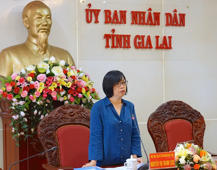 Phó Chủ tịch UBND tỉnh Nguyễn Thị Thanh Lịch-Trưởng Ban Chỉ đạo cấp tỉnh Kỳ thi tốt nghiệp THPT năm 2023-phát biểu tại cuộc họp. Ảnh: Mộc Trà