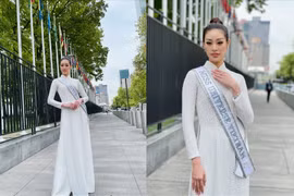 Hoa hậu Khánh Vân diện áo dài trắng, khoe dáng ở Mỹ