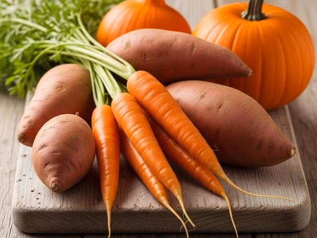 Không chỉ cà rốt mà khoai lang, bí đỏ cũng rất giàu vitamin A. ẢNH: AI