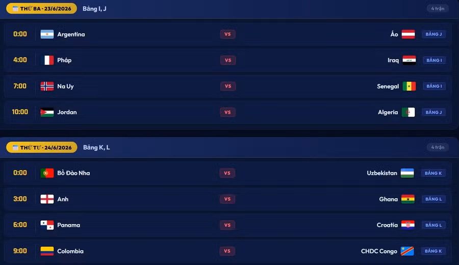 Lịch thi đấu World Cup 2026 từ ngày 23/6 đến 24/6.