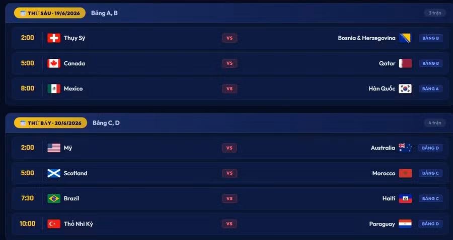 Lịch thi đấu World Cup 2026 từ ngày 19/6 đến 20/6.