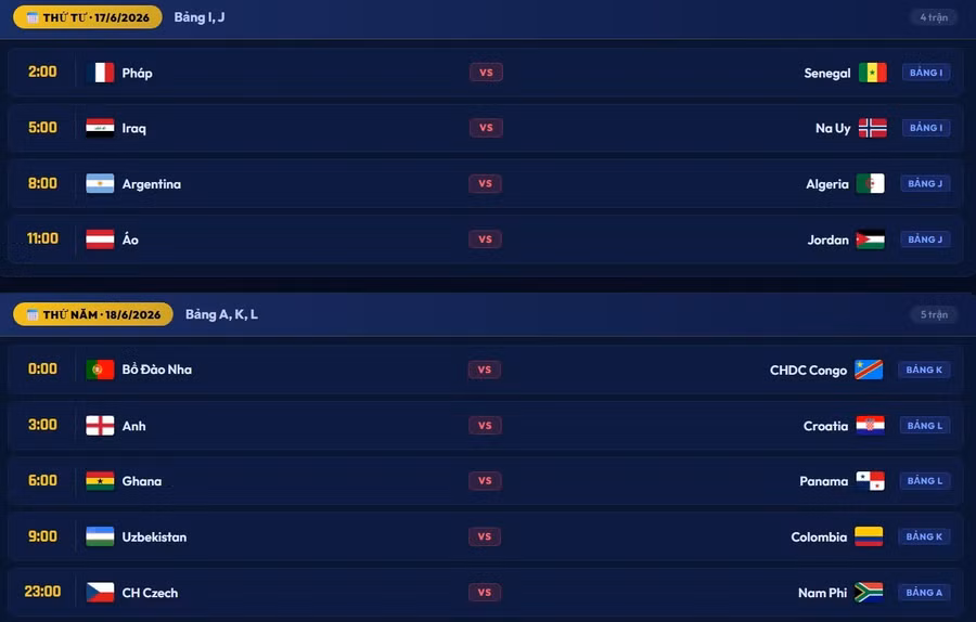 Lịch thi đấu World Cup 2026 từ ngày 17/6 đến 18/6.