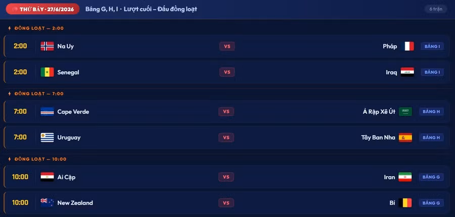 Lịch thi đấu lượt cuối vòng bảng World Cup 2026 các bảng G, H, I ngày 27/6.