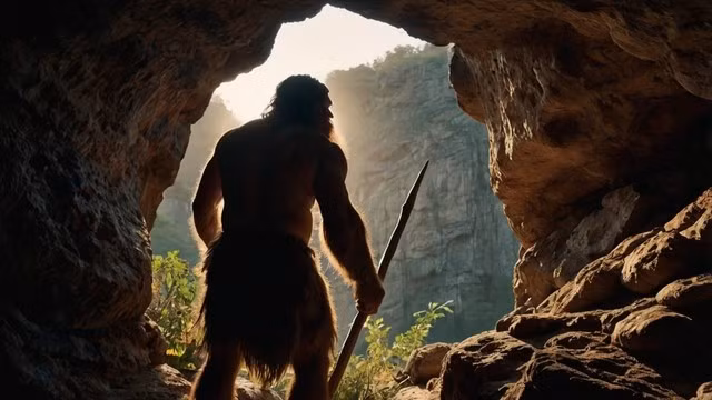 Loài người tuyệt chủng Neanderthal từng sống trong các hang động ở Nga - Minh họa AI: Thu Anh