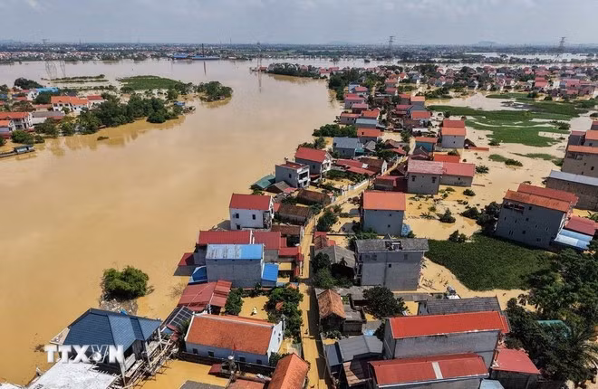 Nhiều hộ dân thôn Ngô Đạo, xã Đa Phúc (Hà Nội) bị ngập sâu đến hơn 2m. (Ảnh: Hoàng Hiếu/TTXVN)
