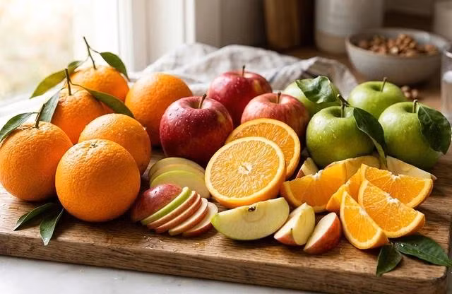 Táo và cam đều chứa đường tự nhiên nhưng đi kèm chất xơ, nước và chất chống oxy hóa nên không làm đường huyết tăng quá nhanh. Ảnh: N.Vy tạo từ Gemini