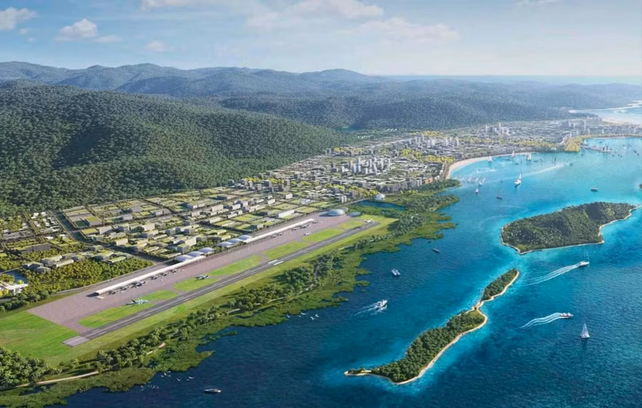 Phối cảnh sân bay Vân Phong (Khánh Hòa), xây dựng trên vùng mặt nước ven bờ, mới được đưa vào quy hoạch. Ảnh: Bộ Xây dựng