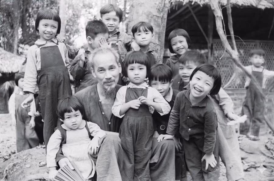 Bức ảnh “Bác Hồ thăm lớp mẫu giáo tại chiến khu Việt Bắc ngày 19-5-1953”. Ảnh tư liệu của Bảo tàng Hồ Chí Minh