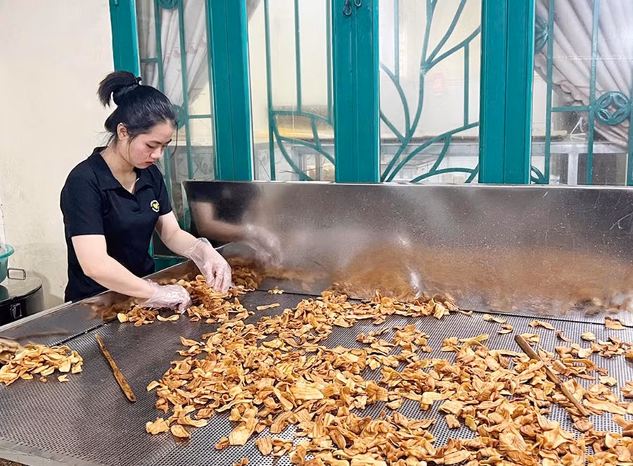 Công đoạn phân loại chuối sau khi chiên tại xưởng sản xuất của Công ty TNHH một thành viên A Lúa. Ảnh ĐVCC