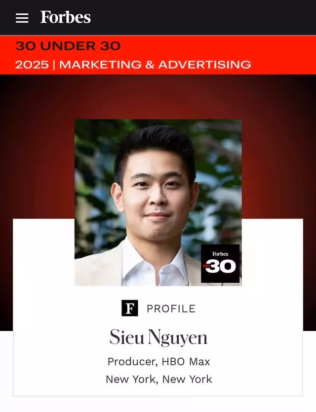Nguyễn Siêu được vinh danh trong danh sách “30 under 30” lĩnh vực tiếp thị/quảng cáo của Forbes 2025 khu vực bắc châu Mỹ. ẢNH: QUÝ HIÊN CHỤP MÀN HÌNH