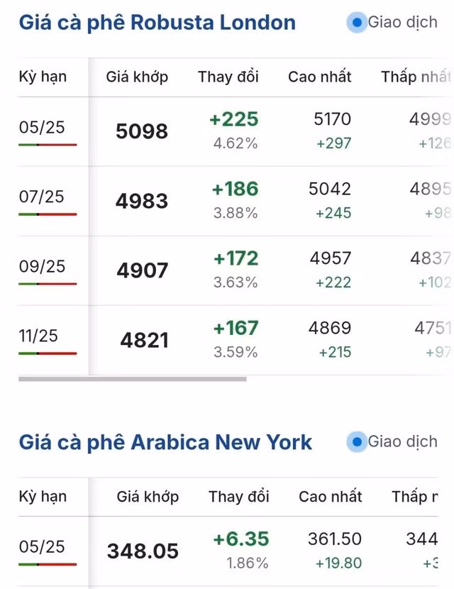 Giá cà phê xanh mướt khi bắt đầu vào giao dịch chiều 10-4: Ảnh: giacaphe.com