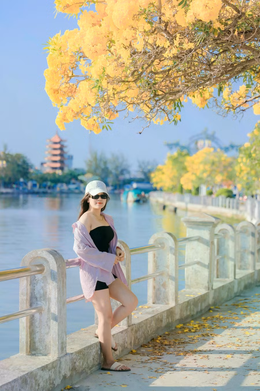 Nhiều bạn trẻ tranh thủ lưu lại bức ảnh đẹp dưới tán hoa kèn vàng. ẢNH: XUYÊN VÕ