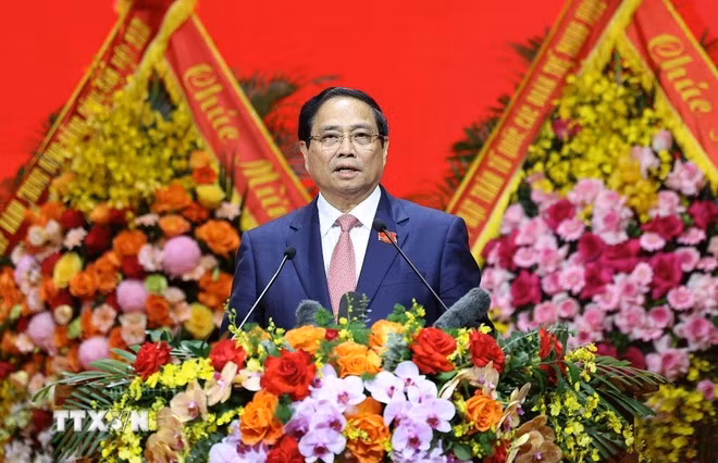 Đồng chí Phạm Minh Chính, Ủy viên Bộ Chính trị, Bí thư Đảng ủy, Thủ tướng Chính phủ phát biểu khai mạc Đại hội đại biểu Đảng bộ Chính phủ lần thứ I, nhiệm kỳ 2025-2030. (Ảnh: Dương Giang/TTXVN)