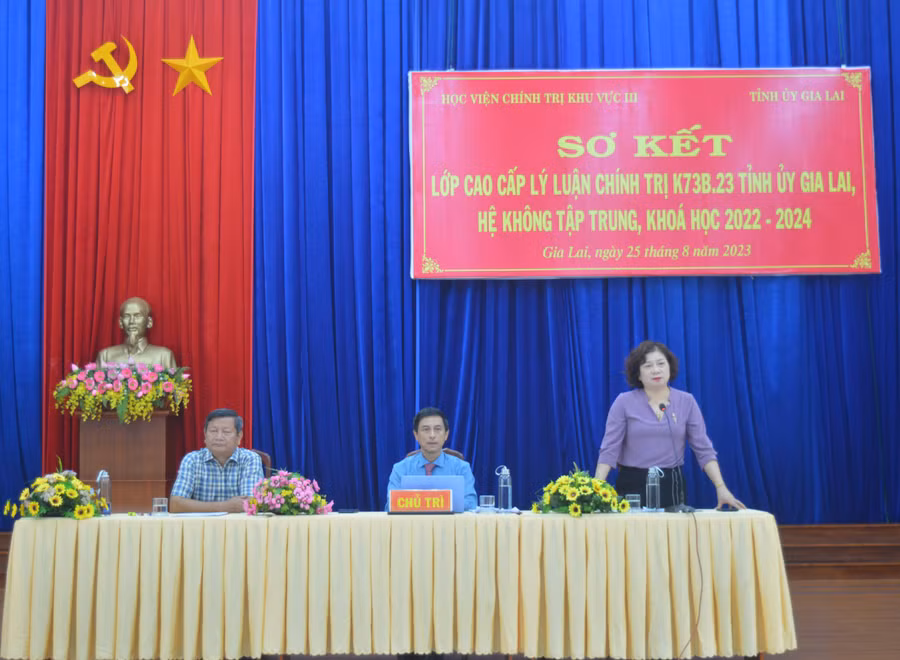 Trưởng Ban Dân vận Tỉnh ủy Phạm Thị Tố Hải phát biểu tại lễ sơ kết. Ảnh: Anh Huy