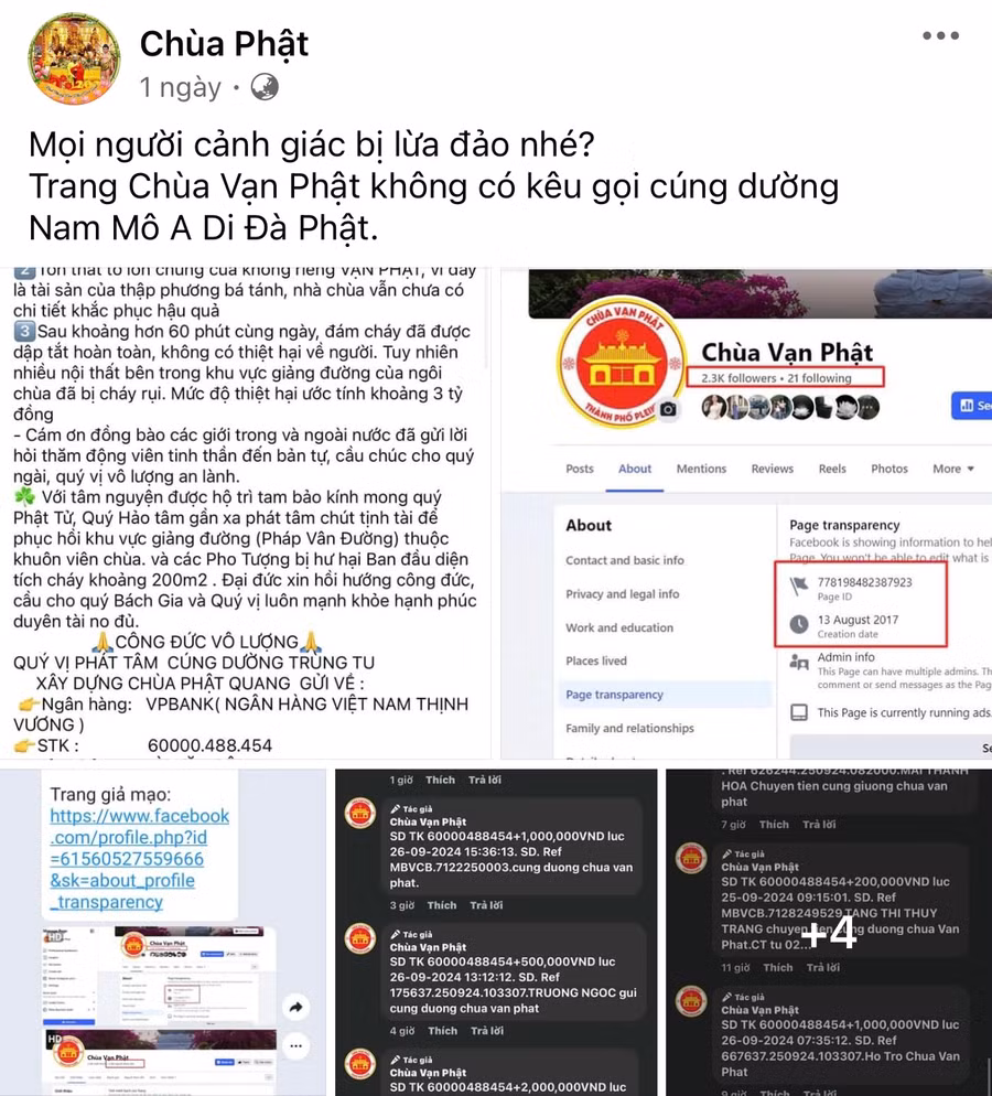Chùa Vạn Phật thông báo về cảnh giác lừa đảo kêu gọi cúng dường. Ảnh: V.T
