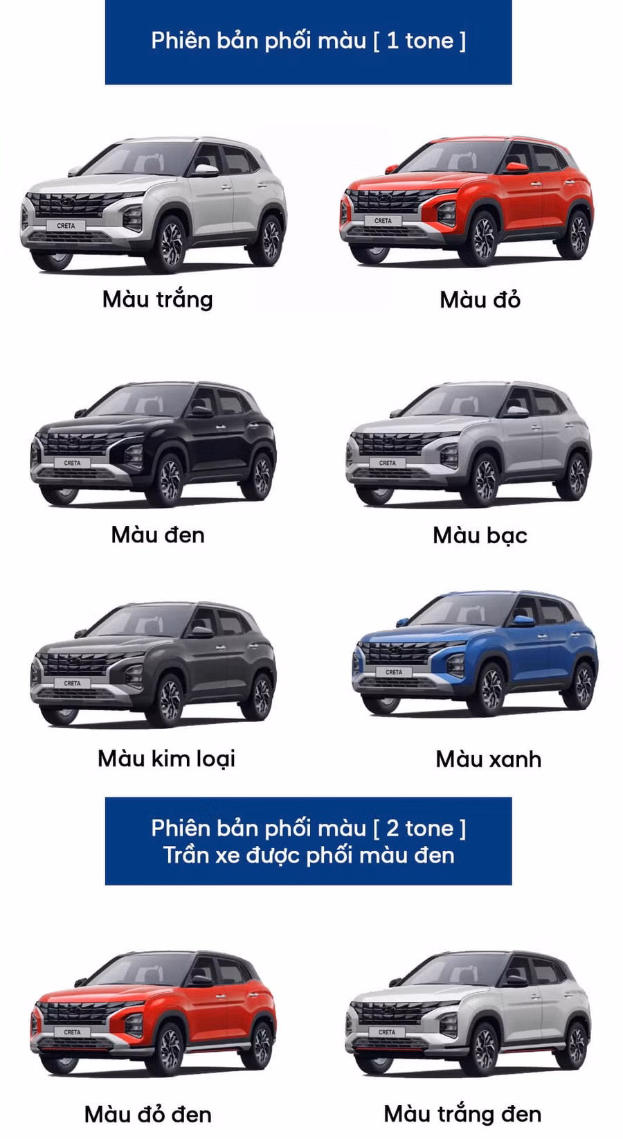 Hyundai Creta 2022 có 8 tùy chọn màu sắc: đỏ, đen, trắng, xám kim loại, bạc, xanh dương, trắng-đen và đỏ-đen. Ảnh: ST