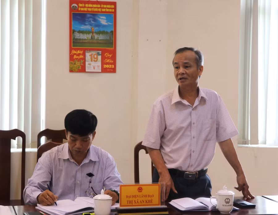 Phó Bí thư Thị ủy, Chủ tịch UBND thị xã An Khê Nguyễn Hùng Vỹ nêu ý kiến, kiến nghị tại buổi giám sát. Ảnh: Ngọc Minh