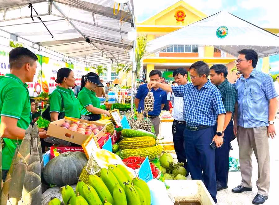 Lãnh đạo thị xã An Khê tham quan các gian hàng trưng bày, giới thiệu sản phẩm tại Phiên chợ nông sản. Ảnh: Quốc Thắng