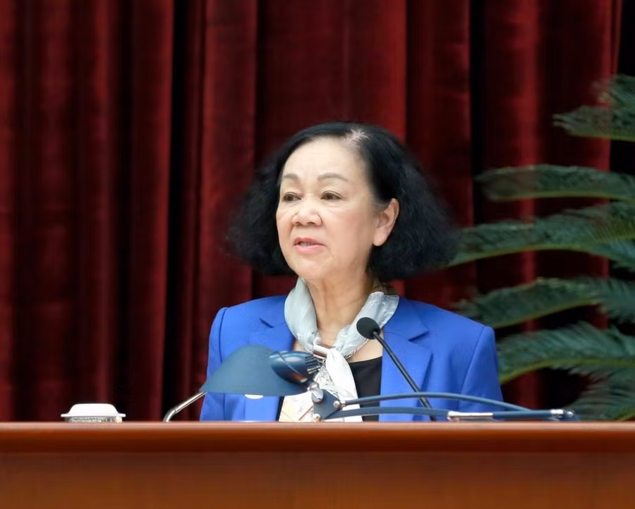 Bà Trương Thị Mai, Ủy viên Bộ Chính trị, Thường trực Ban Bí thư, Trưởng Ban Tổ chức Trung ương phát biểu. (Ảnh: Phương Hoa/TTXVN)