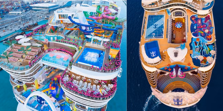 Icon of the Seas, trái và Wonder of the Seas, phải, là hai tàu du lịch lớn nhất thế giới, mỗi chiếc đều có đầy đủ các tiện nghi đầy màu sắc thân thiện với gia đình Icon of the Seas, trái và Wonder of the Seas, phải, là hai tàu du lịch lớn nhất thế giới, mỗi chiếc đều có đầy đủ các tiện nghi đầy màu sắc thân thiện với gia đình