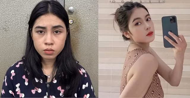 "Hot girl" Nguyễn Thị Mẫn khi bị bắt (ảnh bên trái) và hình đăng trên mạng. CÔNG AN CUNG CẤP