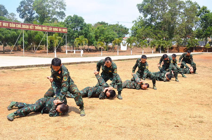 Cán bộ, chiến sĩ Tiểu đoàn Trinh sát 28 huấn luyện võ thuật. Ảnh: Thiên Thanh
