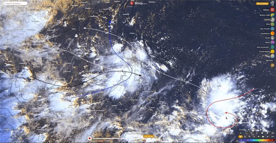 Vị trí 2 vùng thấp hình thành sáng nay 10-7 có dấu hiệu phát triển thành áp thấp nhiệt đới hoặc bão.