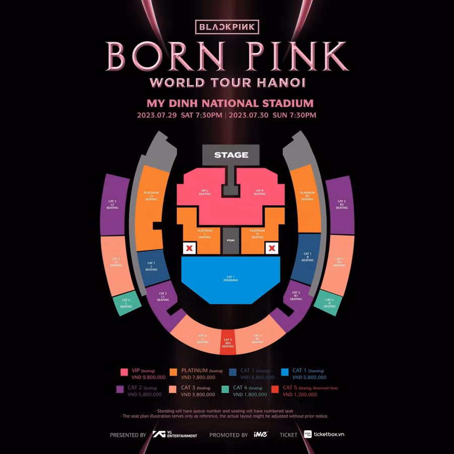 Sơ đồ, giá vé đêm diễn Born Pink của Blackpink tại Hà Nội. Ảnh: YG