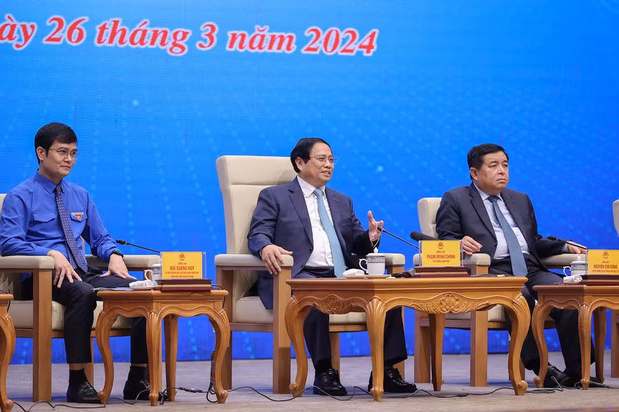 Thủ tướng Chính phủ Phạm Minh Chính tại Chương trình gặp mặt và đối thoại với thanh niên năm 2024. Ảnh nguồn VGP