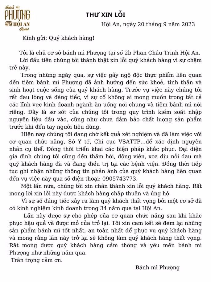 Nội dung bức thư của tiệm bánh mì Phượng (Ảnh: Gia đình cung cấp)